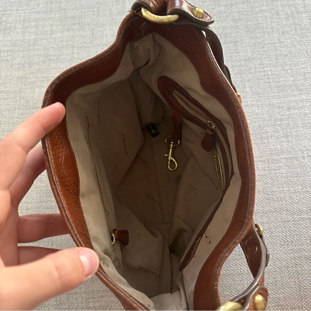 BRAHMIN Brown Pebble Leather Tote Purse Gold Chain Trim Chunky Hardware - Picture 3 of 10